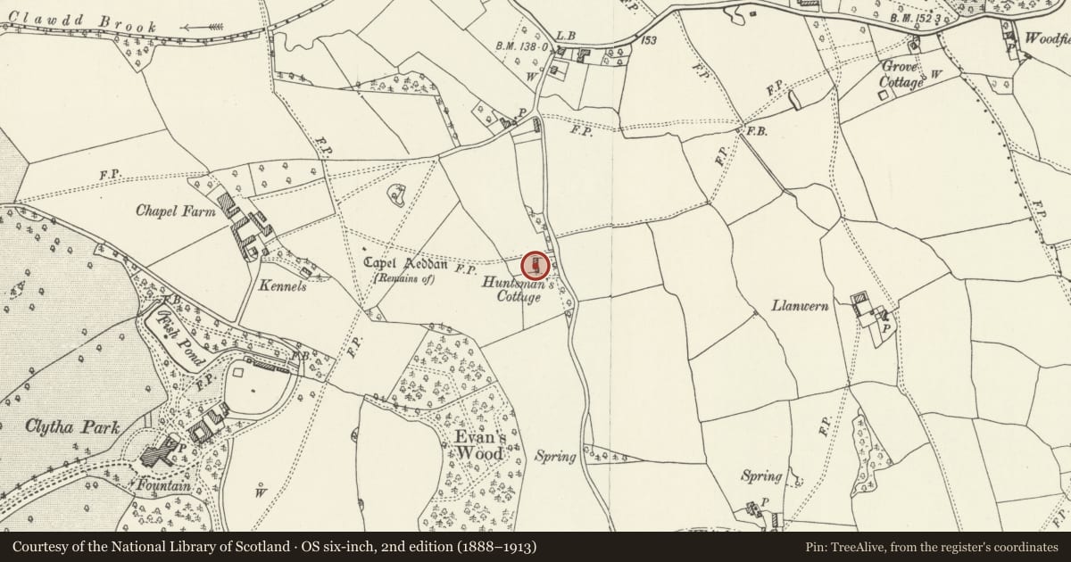 Ordnance Survey six-inch map, 2nd edition (1888–1913) covering the location of Huntsman's Cottage, Llanarth, Monmouthshire, with a pin at the register's coordinates