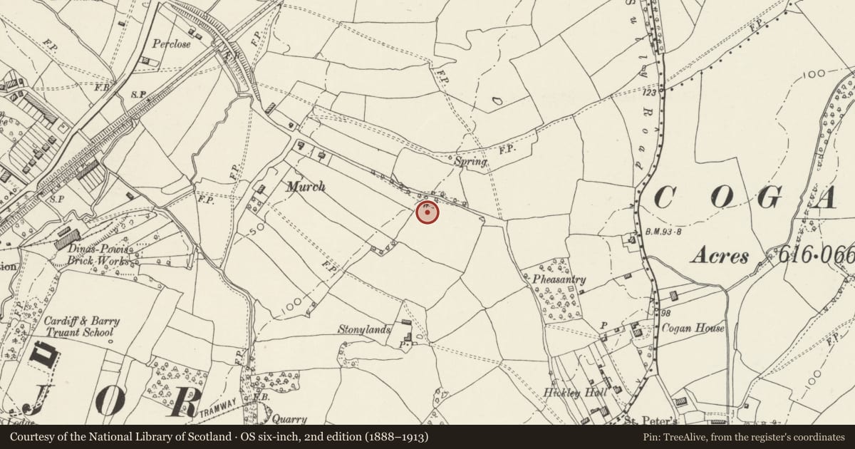 Ordnance Survey six-inch map, 2nd edition (1888–1913) covering the location of 1-6 Little Orchard, Dinas Powys, Vale of Glamorgan, with a pin at the register's coordinates
