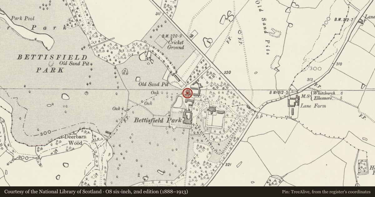 Ordnance Survey six-inch map, 2nd edition (1888–1913) covering the location of Farm Buildings at Bettisfield Park Home Farm, Hanmer, Wrexham, with a pin at the register's coordinates