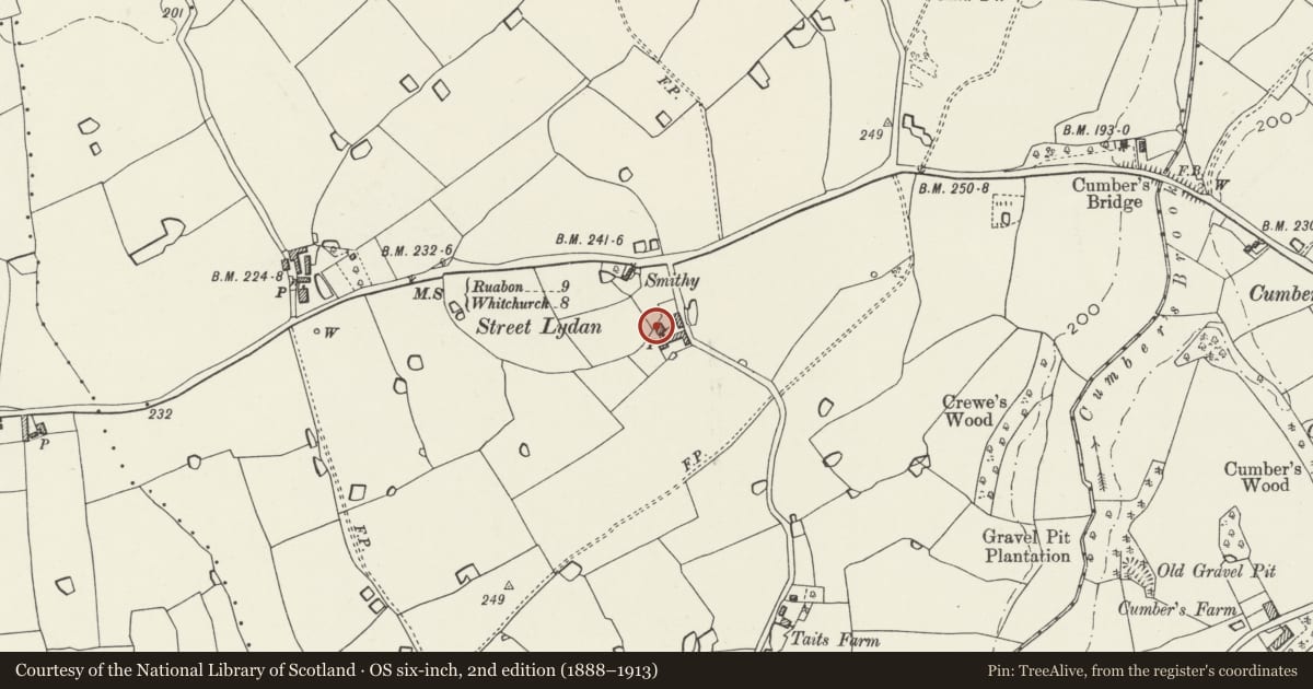 Ordnance Survey six-inch map, 2nd edition (1888–1913) covering the location of Stryt Lydan Farm-house, Maelor South, Wrexham, with a pin at the register's coordinates