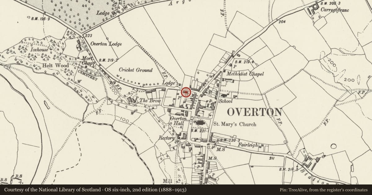 Ordnance Survey six-inch map, 2nd edition (1888–1913) covering the location of Bryn Cottage, including iron forecourt railings, Overton, Wrexham, with a pin at the register's coordinates