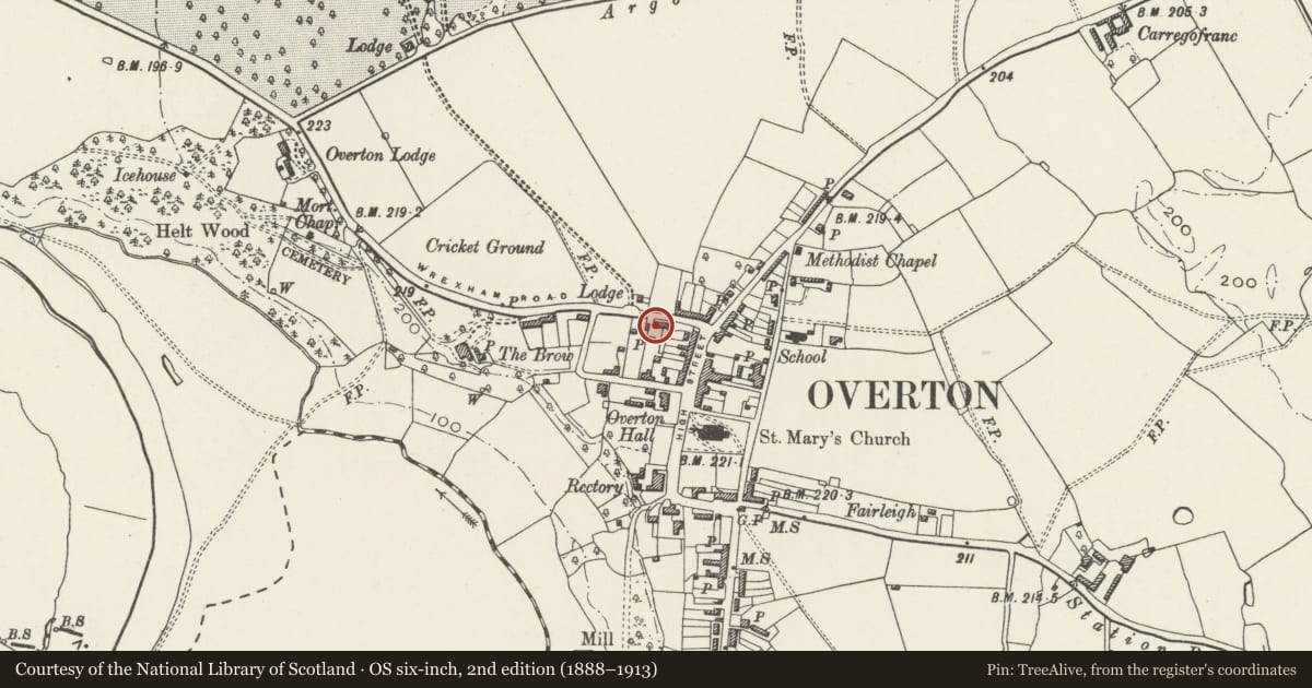 Ordnance Survey six-inch map, 2nd edition (1888–1913) covering the location of The Old Smithy, including iron forecourt railings, Overton, Wrexham, with a pin at the register's coordinates
