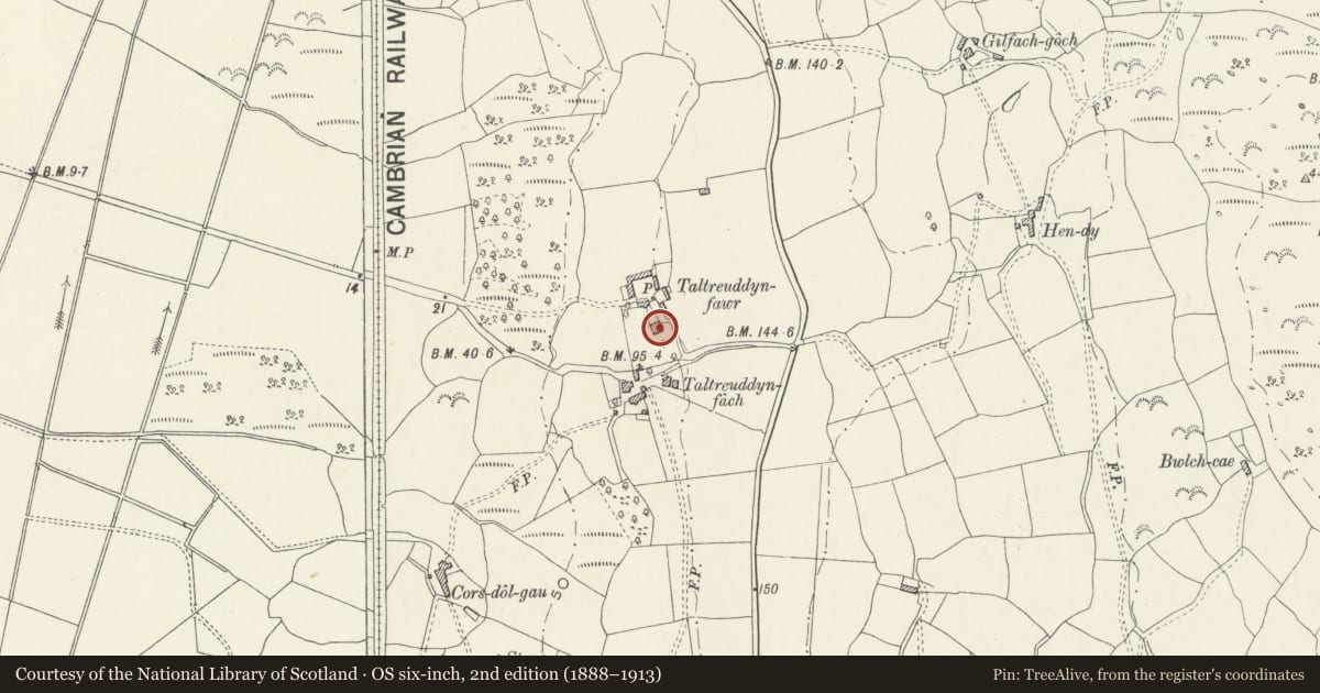 Ordnance Survey six-inch map, 2nd edition (1888–1913) covering the location of Taltreuddyn-Fawr, Dyffryn Ardudwy, Gwynedd, with a pin at the register's coordinates