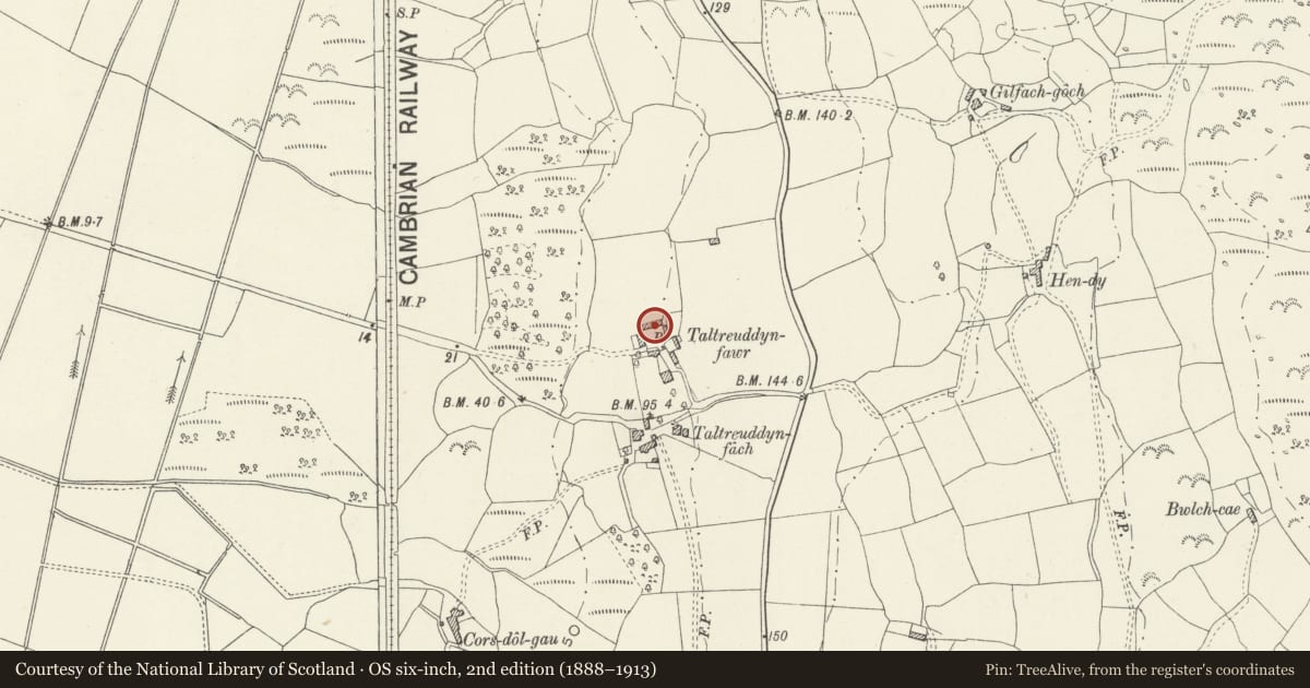 Ordnance Survey six-inch map, 2nd edition (1888–1913) covering the location of Barn at Taltreuddyn-Fawr, Dyffryn Ardudwy, Gwynedd, with a pin at the register's coordinates