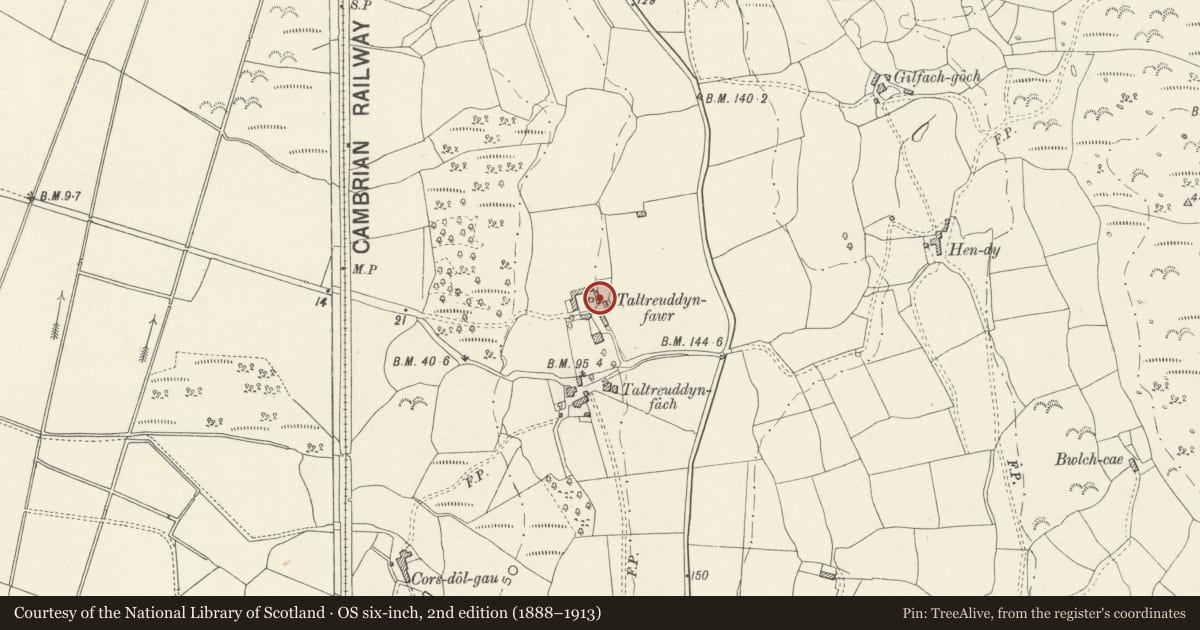 Ordnance Survey six-inch map, 2nd edition (1888–1913) covering the location of Lofted stable or cowhouse and cartshed range at Taltreuddyn-Fawr, Dyffryn Ardudwy, Gwynedd, with a pin at the register's coordinates