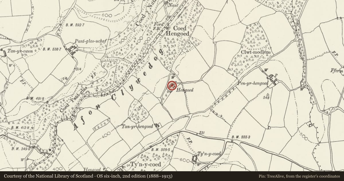 Ordnance Survey six-inch map, 2nd edition (1888–1913) covering the location of Farm outbuilding at Hengoed, Cyffylliog, Denbighshire, with a pin at the register's coordinates