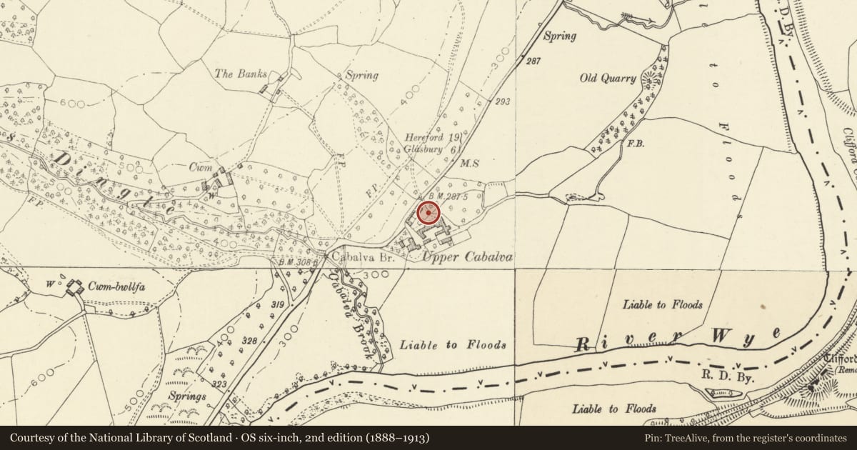 Ordnance Survey six-inch map, 2nd edition (1888–1913) covering the location of Cabalva Farm Farmhouse, Clyro, Powys, with a pin at the register's coordinates
