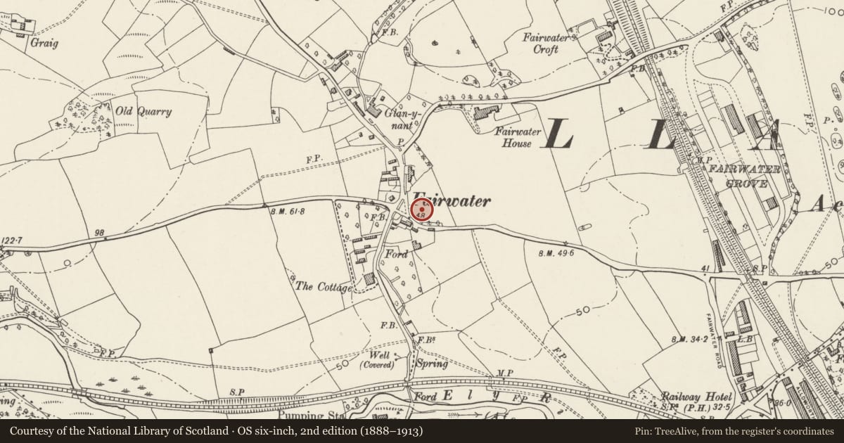 Ordnance Survey six-inch map, 2nd edition (1888–1913) covering the location of St David Lutheran Church, Fairwater, Cardiff, with a pin at the register's coordinates