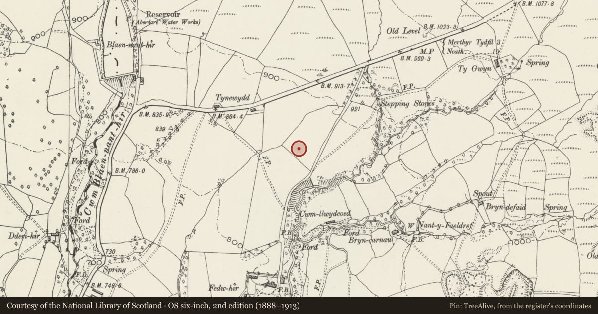 Ordnance Survey six-inch map, 2nd edition (1888–1913) covering the location of Llwydcoed Crematorium, Rhondda Cynon Taff, with a pin at the register's coordinates
