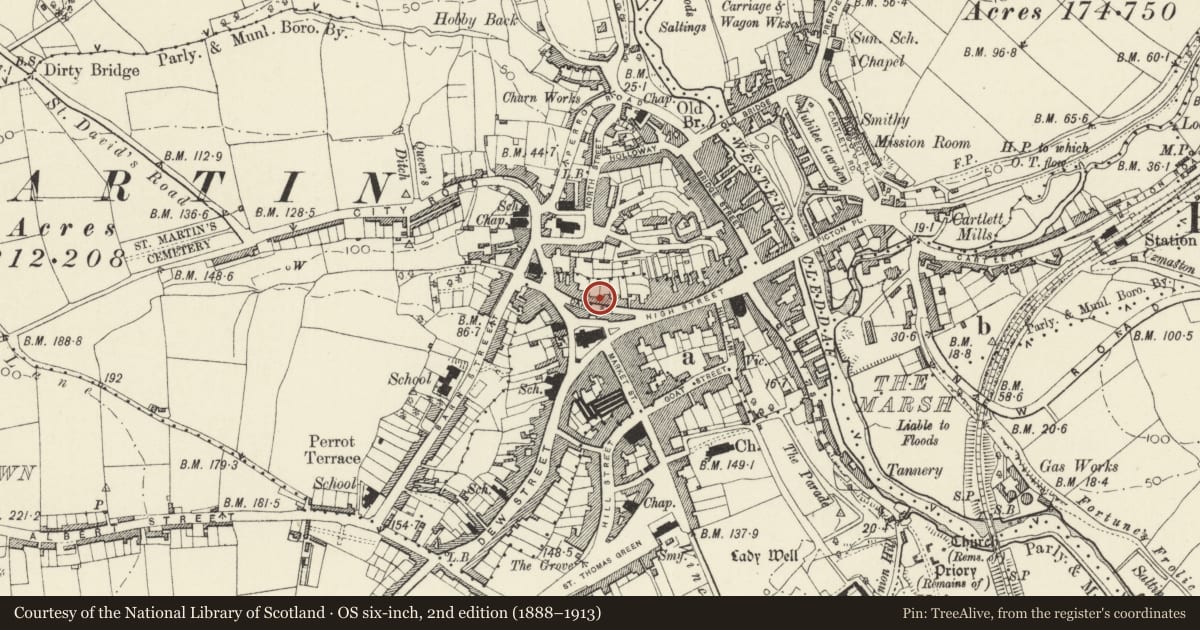 Ordnance Survey six-inch map, 2nd edition (1888–1913) covering the location of Former Stables attached to No 6 Dark Street, Haverfordwest, Pembrokeshire, with a pin at the register's coordinates