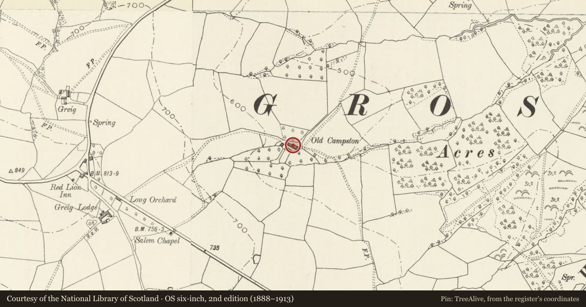 Ordnance Survey six-inch map, 2nd edition (1888–1913) covering the location of Old Campston, Grosmont, Monmouthshire, with a pin at the register's coordinates