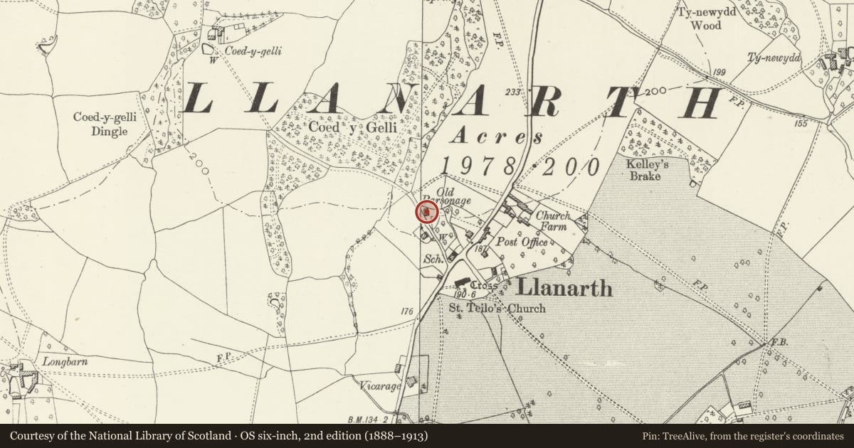 Ordnance Survey six-inch map, 2nd edition (1888–1913) covering the location of Hen Bersondy, Llanarth, Monmouthshire, with a pin at the register's coordinates