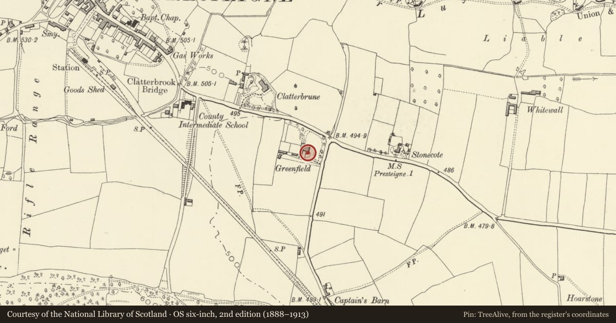 Ordnance Survey six-inch map, 2nd edition (1888–1913) covering the location of Catholic Church of Our Lady of the Assumption and St Therese, Presteigne, Powys, with a pin at the register's coordinates
