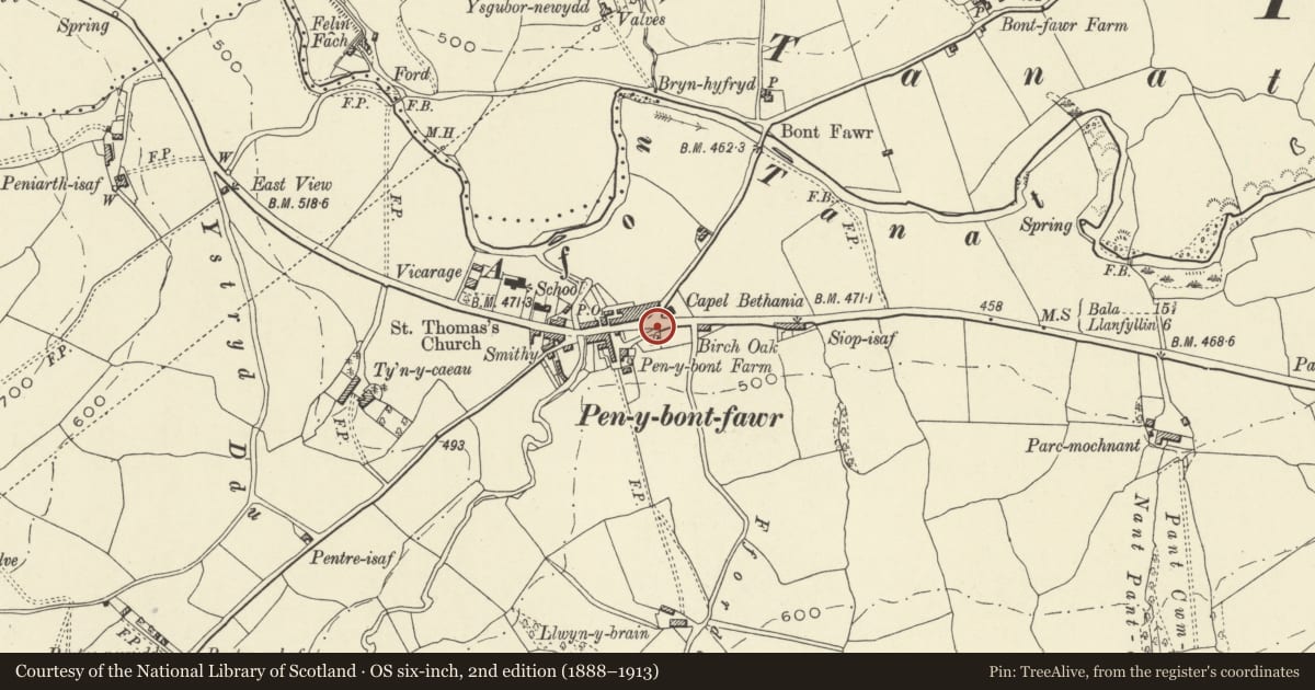 Ordnance Survey six-inch map, 2nd edition (1888–1913) covering the location of Telephone Call Box opposite Railway Inn, Pen-y-bont-Fawr, Powys, with a pin at the register's coordinates