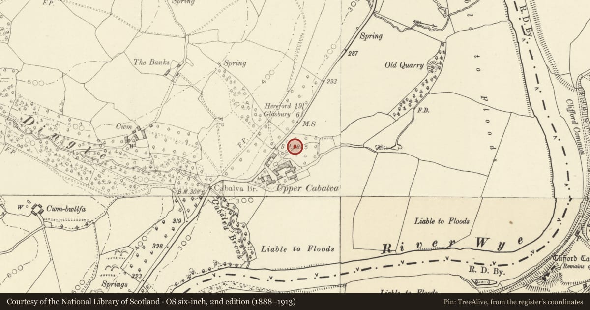 Ordnance Survey six-inch map, 2nd edition (1888–1913) covering the location of Barn at Cabalva Farm, Clyro, Powys, with a pin at the register's coordinates