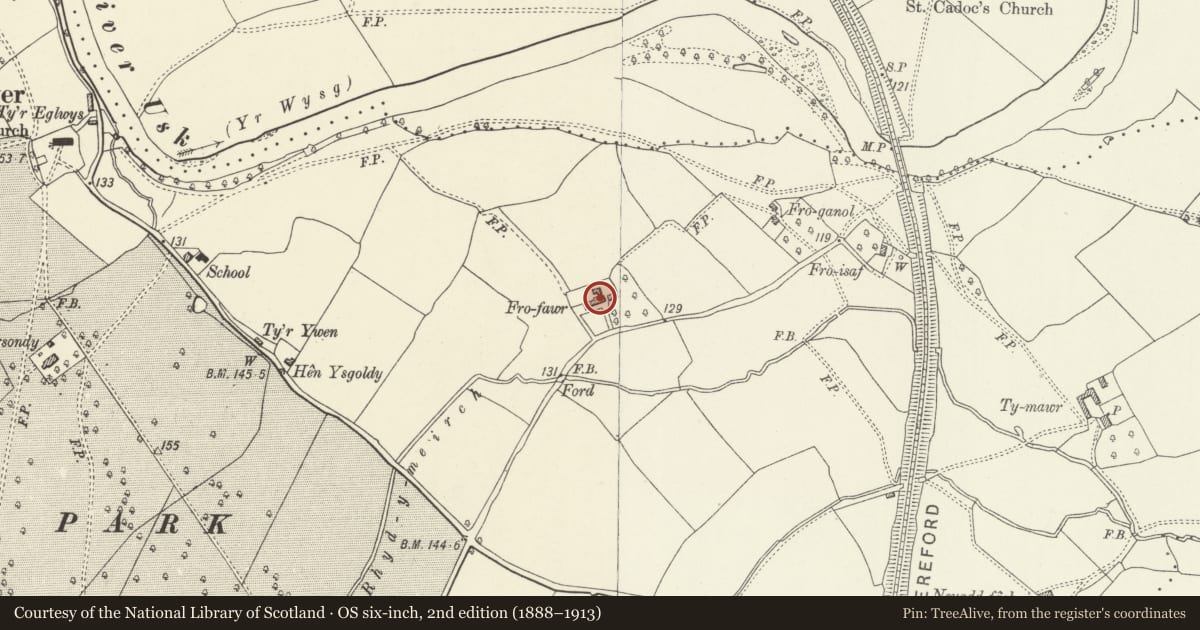 Ordnance Survey six-inch map, 2nd edition (1888–1913) covering the location of Fro Fawr, Goetre Fawr, Monmouthshire, with a pin at the register's coordinates
