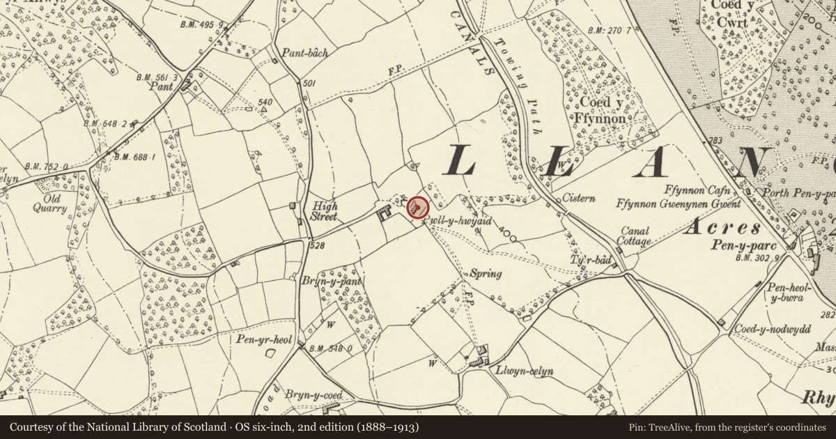Ordnance Survey six-inch map, 2nd edition (1888–1913) covering the location of Pwllyrhwyaid Farmhouse, Goetre Fawr, Monmouthshire, with a pin at the register's coordinates