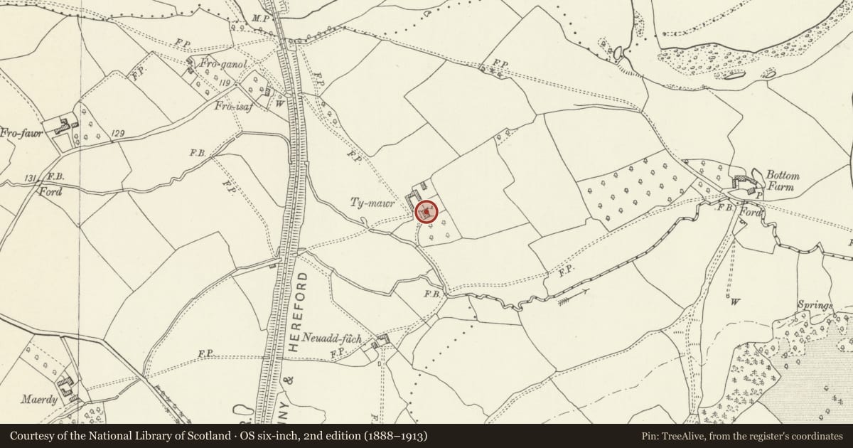 Ordnance Survey six-inch map, 2nd edition (1888–1913) covering the location of Ty Mawr, Gobion Fawr, Monmouthshire, with a pin at the register's coordinates