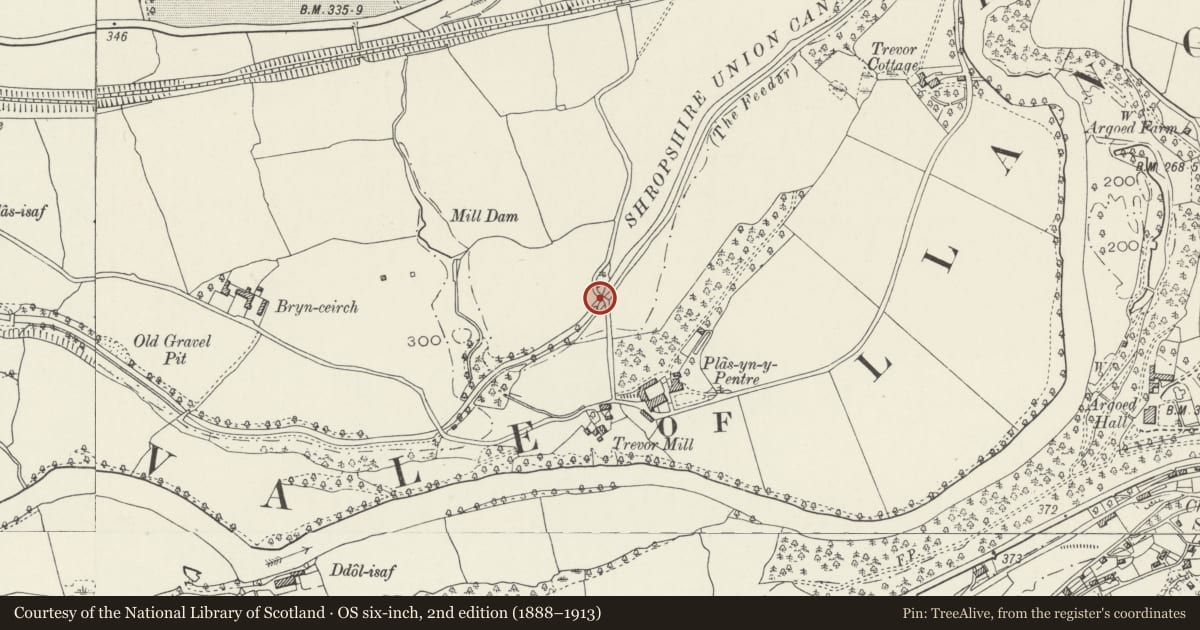 Ordnance Survey six-inch map, 2nd edition (1888–1913) covering the location of Bridge No. 34 over Llangollen canal near Plas-yn-pentre, Denbighshire, with a pin at the register's coordinates