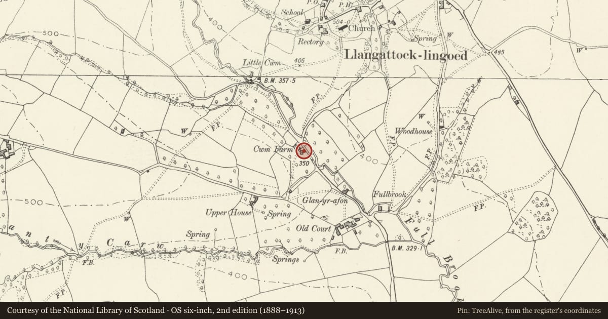 Ordnance Survey six-inch map, 2nd edition (1888–1913) covering the location of Barn at Cwm farm, Grosmont, Monmouthshire, with a pin at the register's coordinates