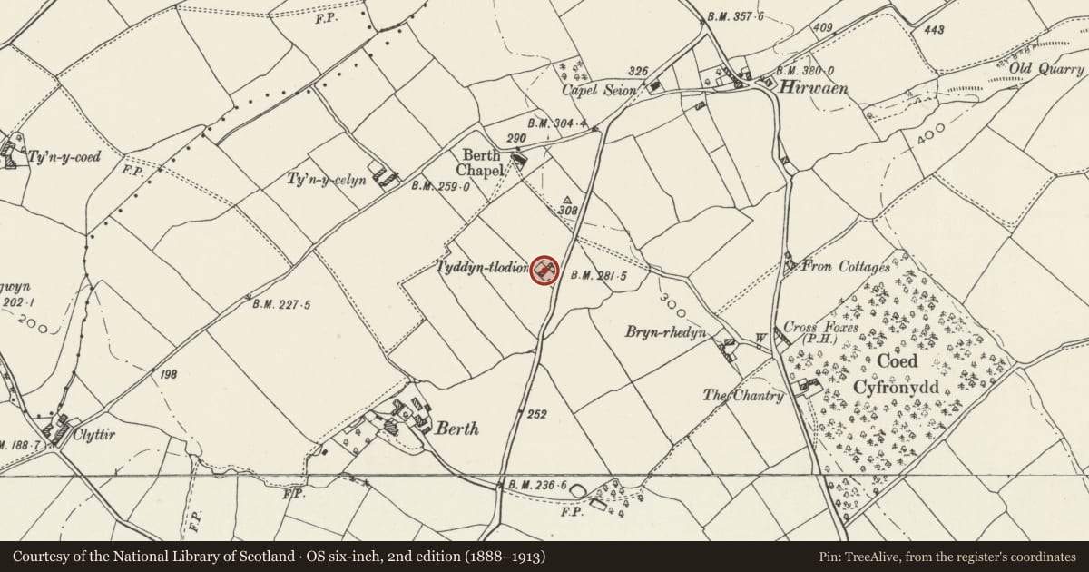 Ordnance Survey six-inch map, 2nd edition (1888–1913) covering the location of Barn at Tyddyn Tlodion, Llanbedr Dyffryn Clwyd, Denbighshire, with a pin at the register's coordinates