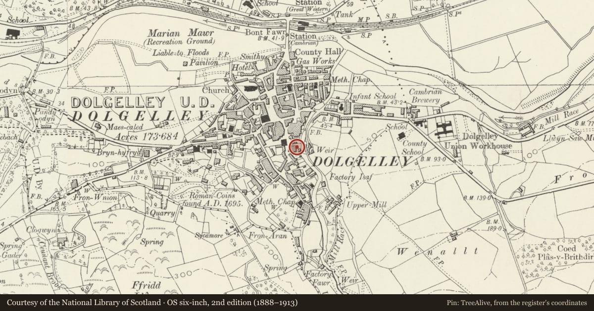 Ordnance Survey six-inch map, 2nd edition (1888–1913) covering the location of Catholic Church of Our Lady of Seven Sorrows, Dolgellau, Gwynedd, with a pin at the register's coordinates