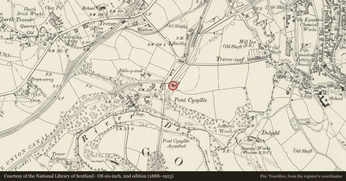 Ordnance Survey six-inch map, 2nd edition (1888–1913) covering the location of Pair of Docks on E side of Trevor Basin, excluding modern workshop superstructure and swing bridge, Llangollen Rural, Wrexham, with a pin at the register's coordinates