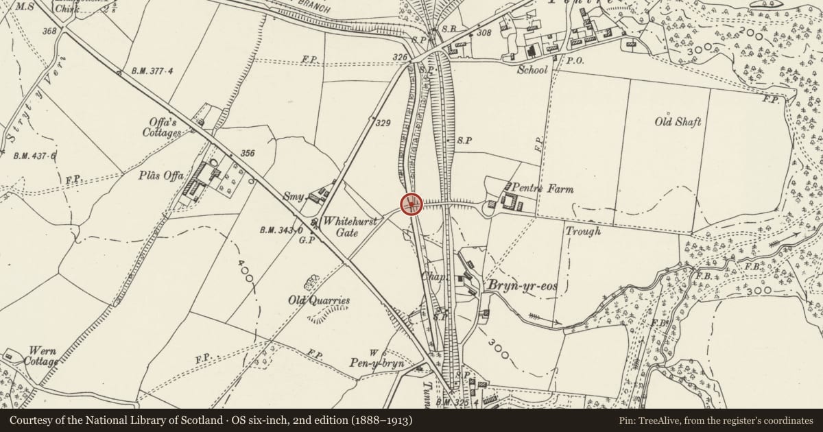 Ordnance Survey six-inch map, 2nd edition (1888–1913) covering the location of Whitehouse Bridge, Chirk, Wrexham, with a pin at the register's coordinates