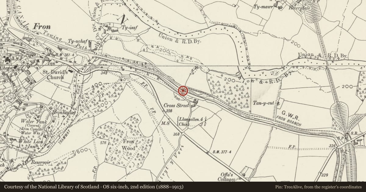 Ordnance Survey six-inch map, 2nd edition (1888–1913) covering the location of Cross Street Tunnel and Archways, Chirk, Wrexham, with a pin at the register's coordinates