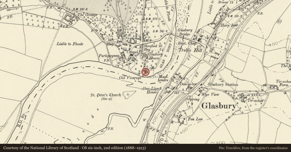 Ordnance Survey six-inch map, 2nd edition (1888–1913) covering the location of Barn at Old Vicarage (including attached granary and stores), Glasbury, Powys, with a pin at the register's coordinates