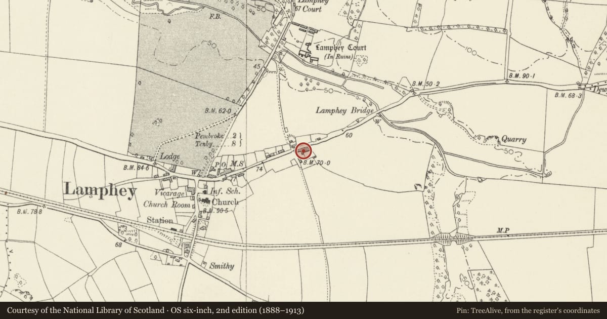 Ordnance Survey six-inch map, 2nd edition (1888–1913) covering the location of Lamphey House (also known as the Old Malthouse), Pembrokeshire, with a pin at the register's coordinates