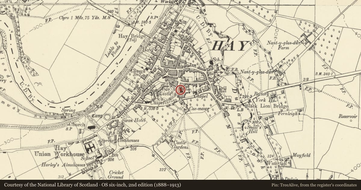 Ordnance Survey six-inch map, 2nd edition (1888–1913) covering the location of Salem Baptist Chapel & attached former School Room inc. Forecourt Wall, Railings, Gatepiers & Steps, Hay, Powys, with a pin at the register's coordinates