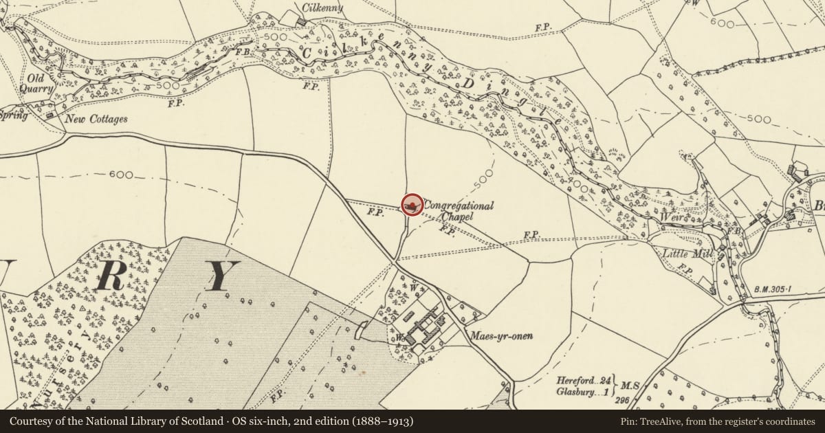 Ordnance Survey six-inch map, 2nd edition (1888–1913) covering the location of Maesyronnen United Reformed Chapel, Glasbury, Powys, with a pin at the register's coordinates