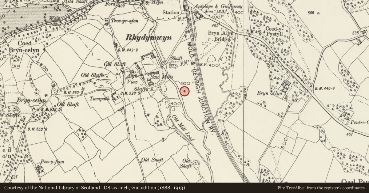 Ordnance Survey six-inch map, 2nd edition (1888–1913) covering the location of Pyro Building P4 (Carillion Building 59) at Rhydymwyn Valley Site, Cilcain, Flintshire, with a pin at the register's coordinates