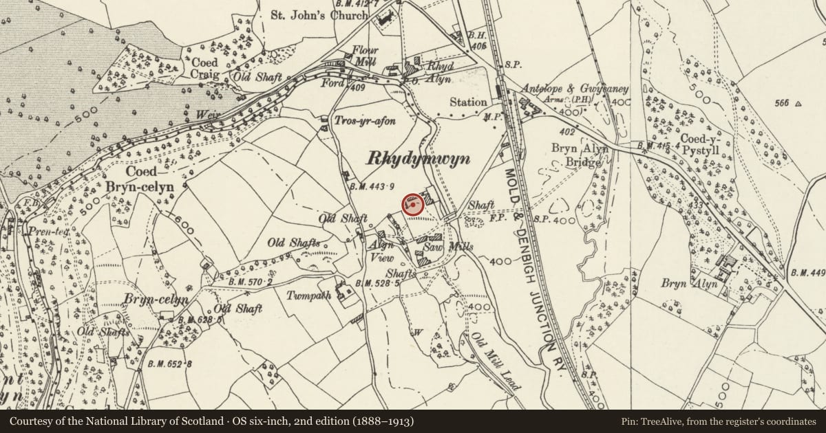 Ordnance Survey six-inch map, 2nd edition (1888–1913) covering the location of Pyro Building P6 (Carillion Building 45) at Rhydymwyn Valley Site, Cilcain, Flintshire, with a pin at the register's coordinates