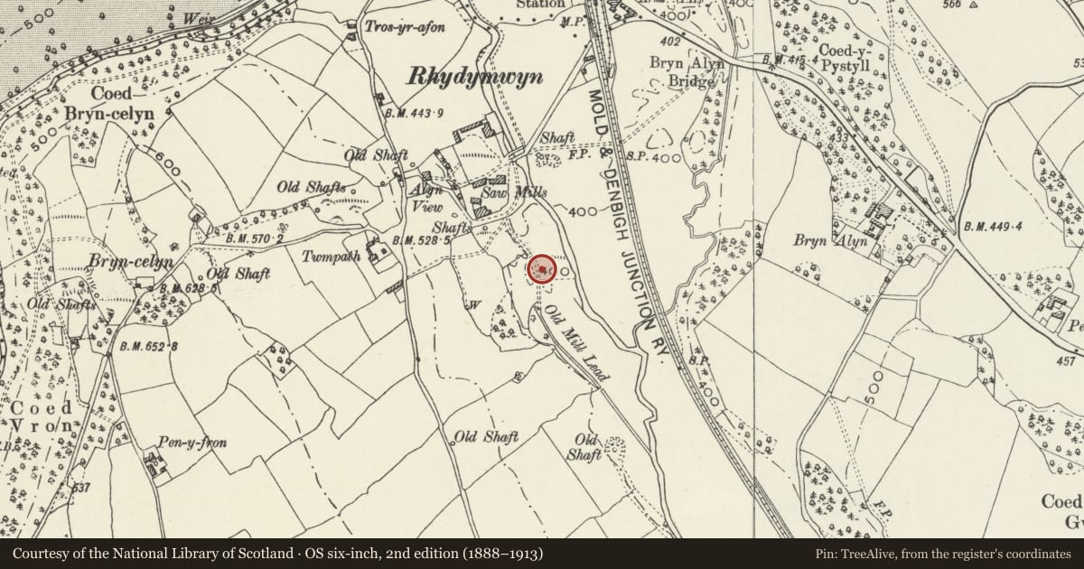 Ordnance Survey six-inch map, 2nd edition (1888–1913) covering the location of Runcol Building R3 (Carillion Building 65) at Rhydymwyn Valley Site, Cilcain, Flintshire, with a pin at the register's coordinates