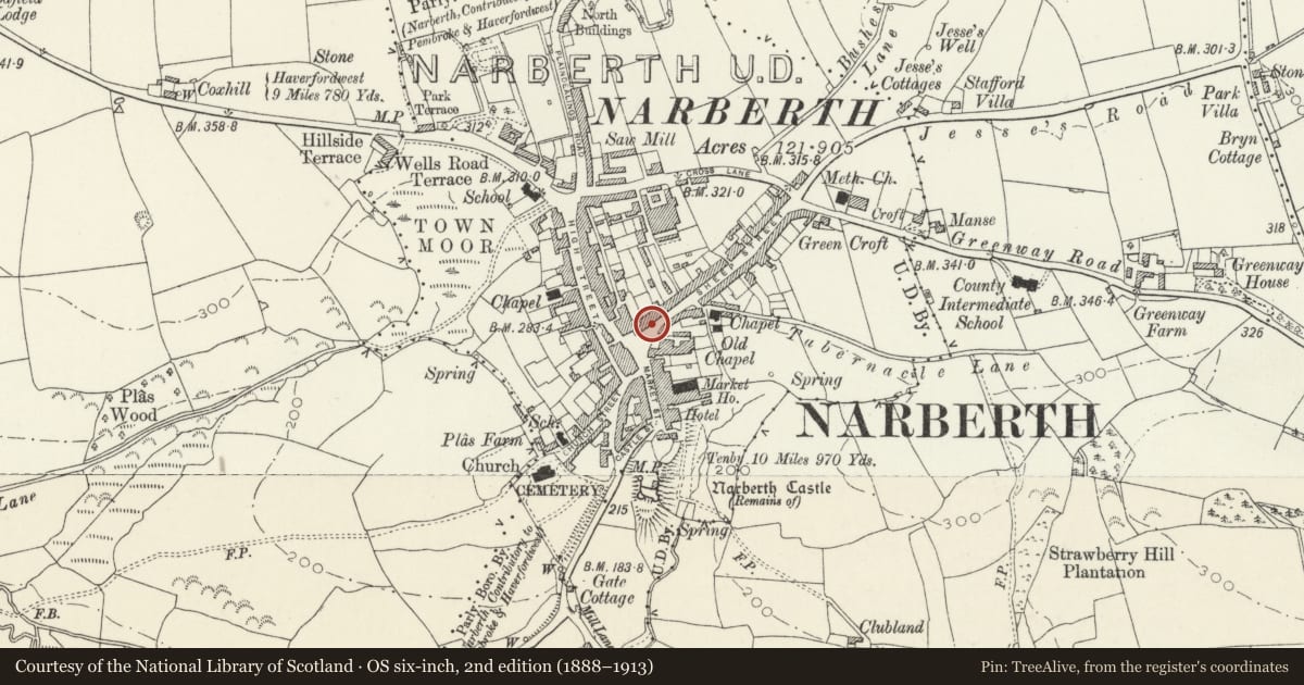 Ordnance Survey six-inch map, 2nd edition (1888–1913) covering the location of The Old Pharmacy, Narberth, Pembrokeshire, with a pin at the register's coordinates