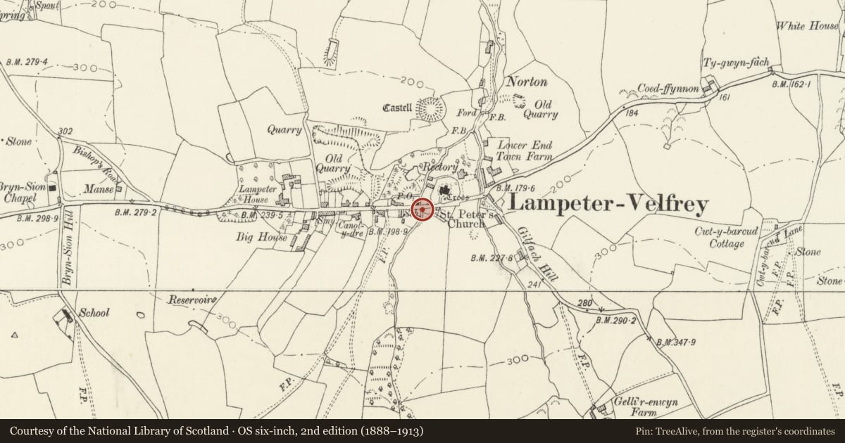 Ordnance Survey six-inch map, 2nd edition (1888–1913) covering the location of Telephone Call-box to SE of St Peter's Church, Lampeter Velfrey, Pembrokeshire, with a pin at the register's coordinates