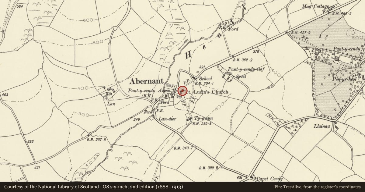 Ordnance Survey six-inch map, 2nd edition (1888–1913) covering the location of Church of St Lucia, Abernant, Carmarthenshire, with a pin at the register's coordinates