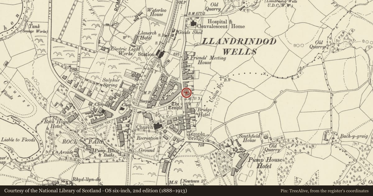 Ordnance Survey six-inch map, 2nd edition (1888–1913) covering the location of Brynarlais, Llandrindod Wells, Powys, with a pin at the register's coordinates
