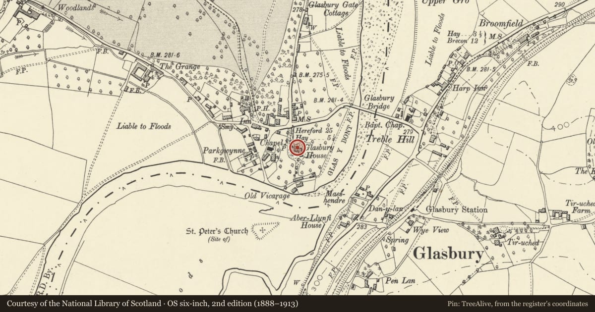 Ordnance Survey six-inch map, 2nd edition (1888–1913) covering the location of Glasbury House, Powys, with a pin at the register's coordinates