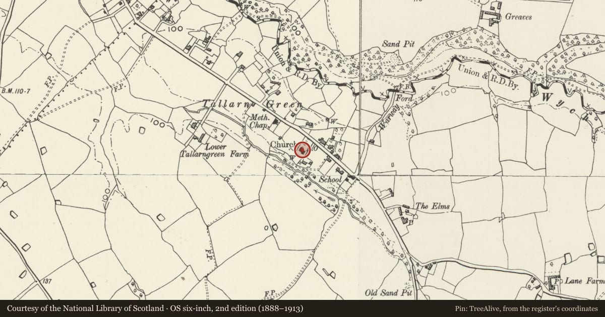 Ordnance Survey six-inch map, 2nd edition (1888–1913) covering the location of Church of St Mary Magdelene, Willington Worthenbury, Wrexham, with a pin at the register's coordinates