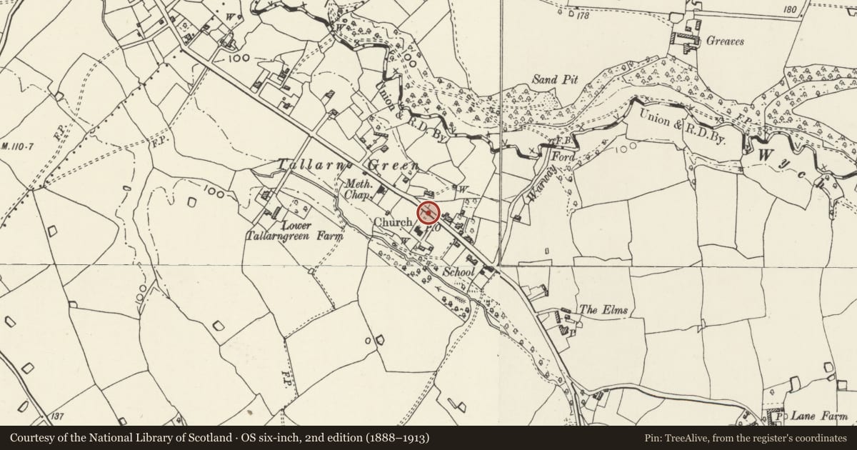 Ordnance Survey six-inch map, 2nd edition (1888–1913) covering the location of Lychgate to Church of Saint Mary Magdalene, Willington Worthenbury, Wrexham, with a pin at the register's coordinates