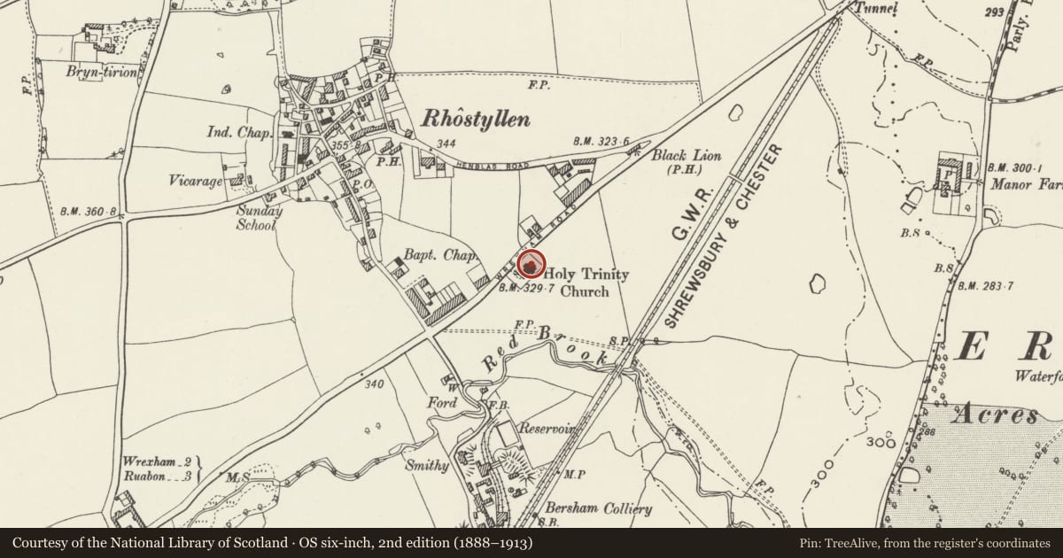 Ordnance Survey six-inch map, 2nd edition (1888–1913) covering the location of Church of The Holy Trinity, Esclusham, Wrexham, with a pin at the register's coordinates