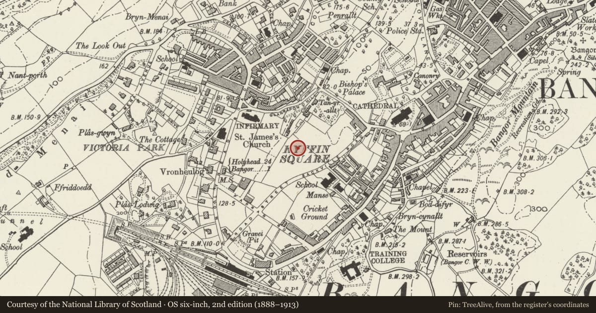 Ordnance Survey six-inch map, 2nd edition (1888–1913) covering the location of Memorial Building, including boundary wall and gates, Bangor University, Gwynedd, with a pin at the register's coordinates