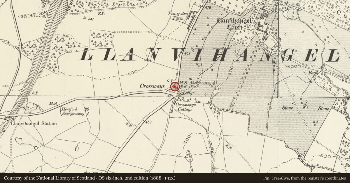 Ordnance Survey six-inch map, 2nd edition (1888–1913) covering the location of Crossways Cottage, Crucorney, Monmouthshire, with a pin at the register's coordinates