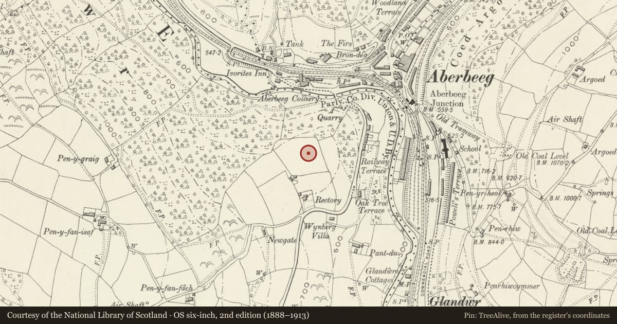 Ordnance Survey six-inch map, 2nd edition (1888–1913) covering the location of Abertillery and District Hospital (original ranges only), Crumlin, Caerphilly, with a pin at the register's coordinates
