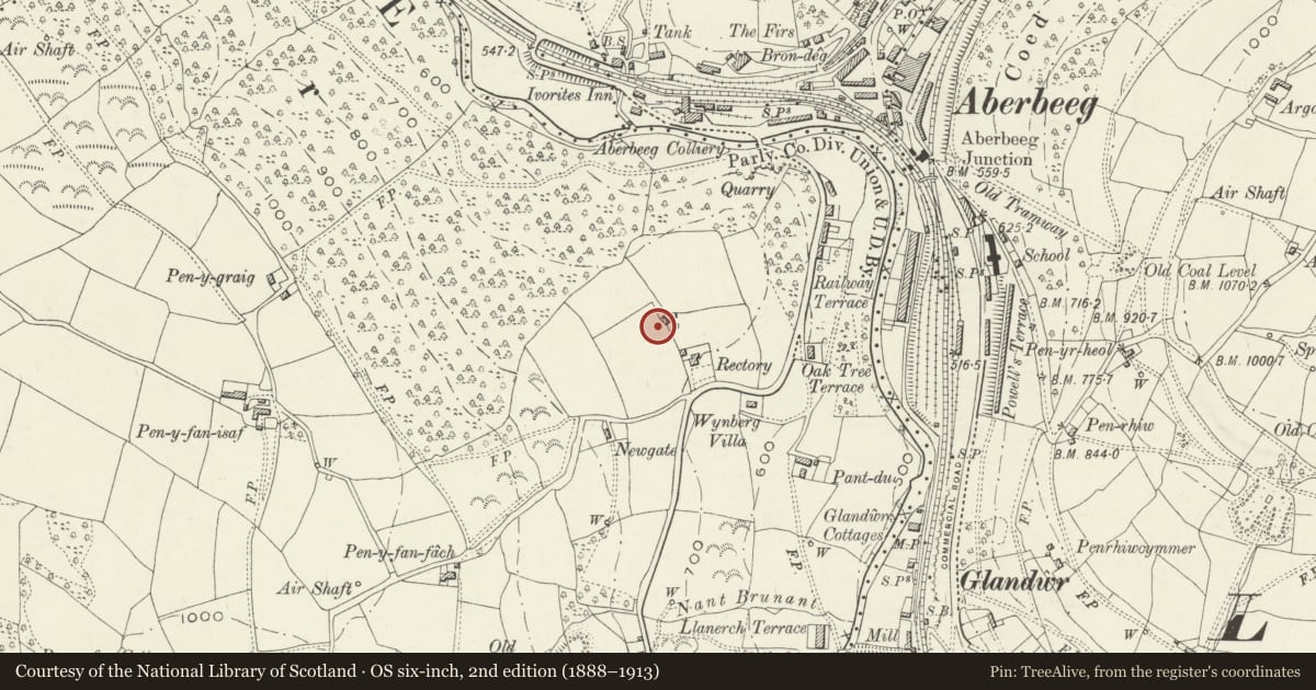 Ordnance Survey six-inch map, 2nd edition (1888–1913) covering the location of Memorial Gates to Abertillery and District Hospital, Crumlin, Caerphilly, with a pin at the register's coordinates