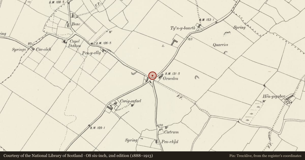 Ordnance Survey six-inch map, 2nd edition (1888–1913) covering the location of Telephone Call Box on Crossroads opposite Ty Hir, Aberffraw, Isle of Anglesey, with a pin at the register's coordinates
