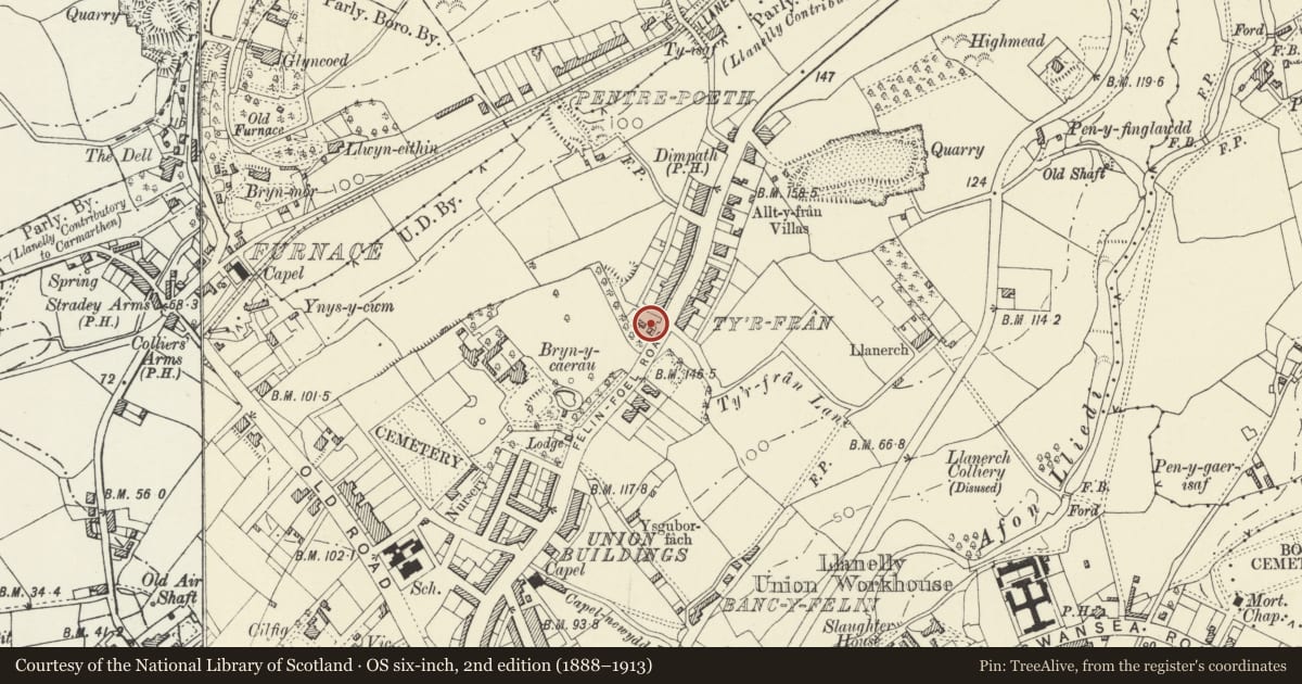 Ordnance Survey six-inch map, 2nd edition (1888–1913) covering the location of Westmead, Llanelli, Carmarthenshire, with a pin at the register's coordinates